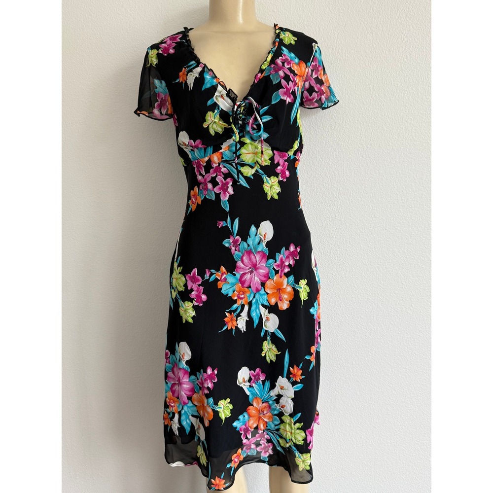 Lily Whimsigoth Tropical Floral Midi Dress Small Black Y2K Fairycore Lace Up